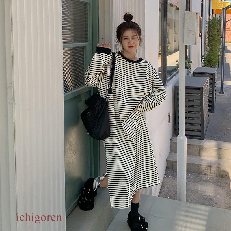Rakuten - Tシャツワンピース レディース 長袖 ボーダー柄 ゆったり シンプル ロング丈 オーバーサイズ 春秋冬 スリット カジュアル きれいめ おしゃれ