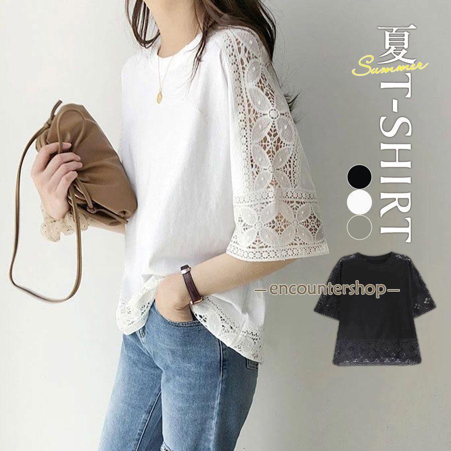 Rakuten - Tシャツ レディース 夏 半袖 カットソー トップス レース　tシャツ 薄手 体型カバー 涼しい uvカット オフィス 通学 通勤 きれいめ おしゃれ