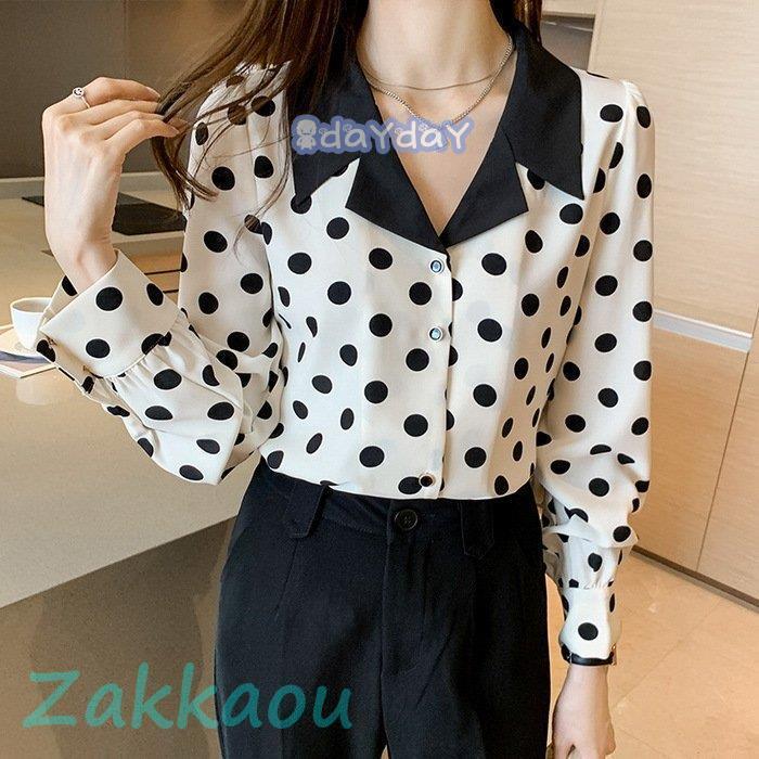 衬衫 - 【期間限定10％OFF】ブラウス レディース 40代 春夏秋 オシャレブラウス 白シフォンシャツ ドット柄ブラウス 風 長袖トップス おしゃれ 大人 通勤OL ゆったり シャツ30代新作