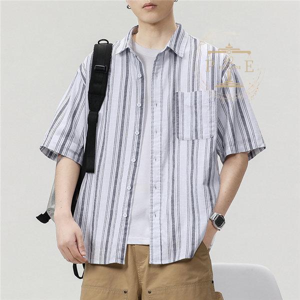 半袖シャツ メンズ 紳士シャツ ボタンダウンシャツ ストライプ柄 前開き 立ち襟 かっこいい 半袖 夏服 アウトドア お兄系 おしゃれ ゆったり