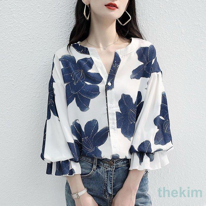 ブラウス レディース 40代 春夏新作 オシャレブラウス 花柄シフォンブラウス白 パフスリーブブラウス 七分袖トップス 韓国風 おしゃれ大人 通勤 ゆったり 30代のサムネイル