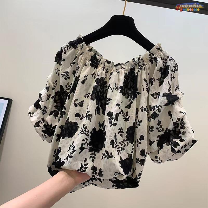 レディース フェミニン オフショルダー トップス 半袖 シフォンショート丈 花柄 tシャツ きれいめ 40代　夏新作 レトロ 文芸 出かけ 食事会 フォマール