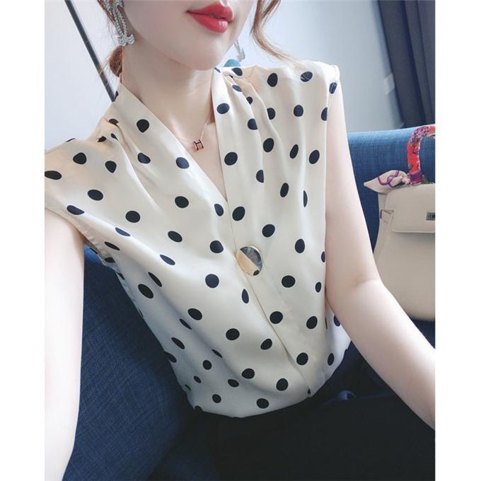 Sleeveless - シフォンブラウス ノースリーブ タンクトップ レディース 薄手 カジュアル 水玉柄 シフォンシャツ インナー 涼感 オシャレ 袖なし 通勤 OL