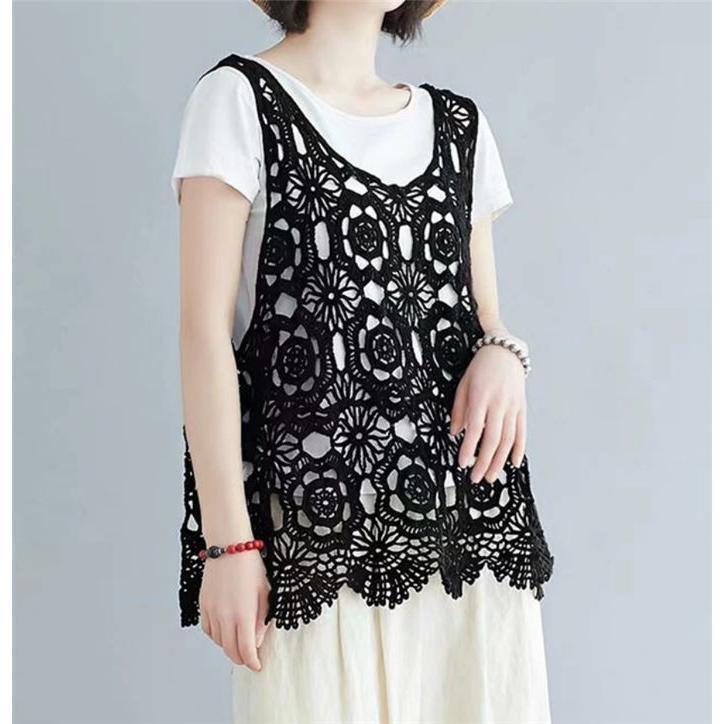 【期間限定10％OFF】ベスト レディース 春夏 大きいサイズ トップス ジレ Vネック 花柄 透かし編み ノースリーブ サマーニット プルオーバー 春 夏 レイヤード 重ね着 袖なし