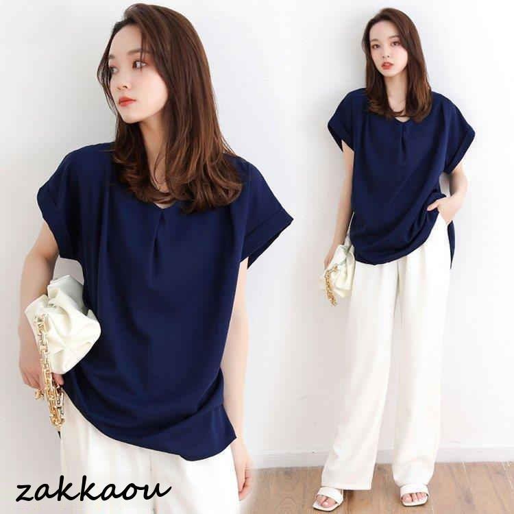 Tシャツ レディース きれいめ 40代 春夏 上品 白トップス 綿 Vネック 半袖Tシャツ Tシャツ オシャレ 大きいサイズ 韓国風 ゆったりカットソー ブラウス