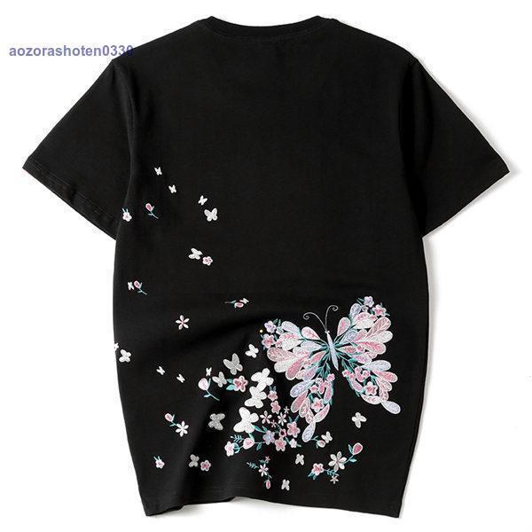 Men's Clothing - 和柄刺繍 半袖Tシャツ メンズ 刺繍蝶 華鳥風月 半袖Tシャツ 男女ペア カップル 男女兼用 ご夫婦 恋人 夏 肌着 リゾート サマー ジュニア