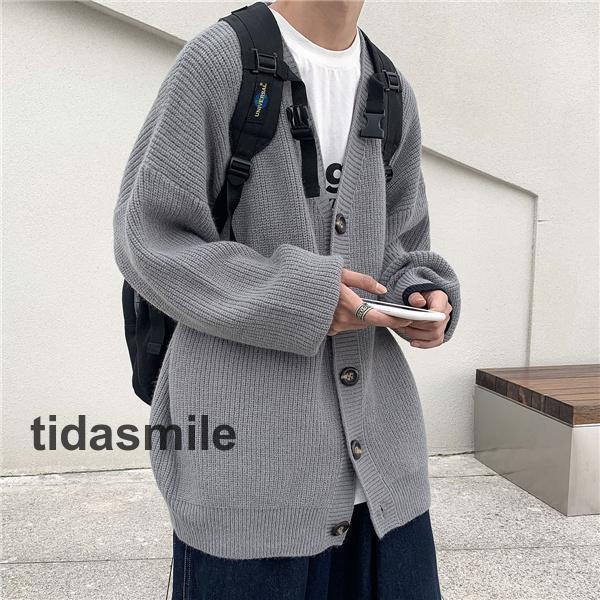 カーディガン メンズ ニット セーター Vネック 無地 春秋物 おしゃれ 学生 ゆったり 通学 長袖 カジュアル リラックス 洗える スクール