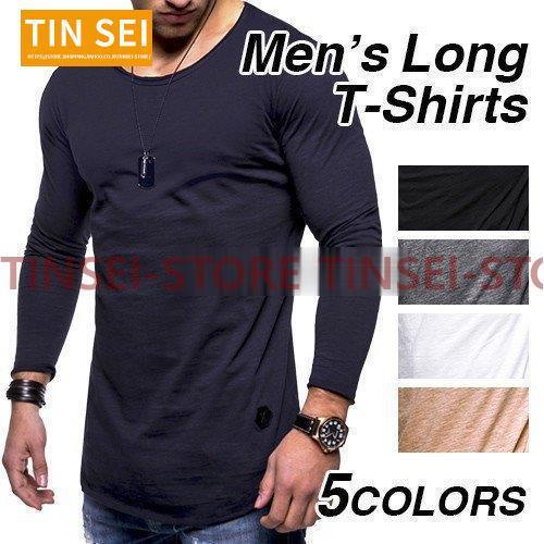 ロンT メンズ クルーネック 長袖Tシャツ ロング丈 おしゃれ 無地 柄 黒 トップス…