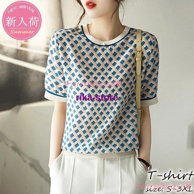 Print - Tシャツ レディース 40代 春夏新作 オシャレブラウス 幾何プリントTシャツ 半袖トップス レションTブラウス 大人 通勤 ゆったりTシャツ 韓国風 30代 50代