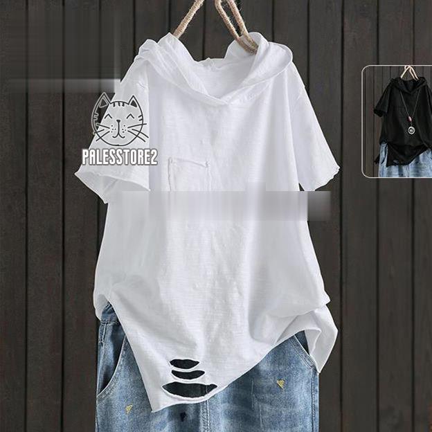 半袖 パーカー フード付き レディース 春 夏 Tシャツ コットン綿 ゆったり トップス ダメージ加工 無地 カジュアル カットソー 大きいサイズ 韓国ファッション