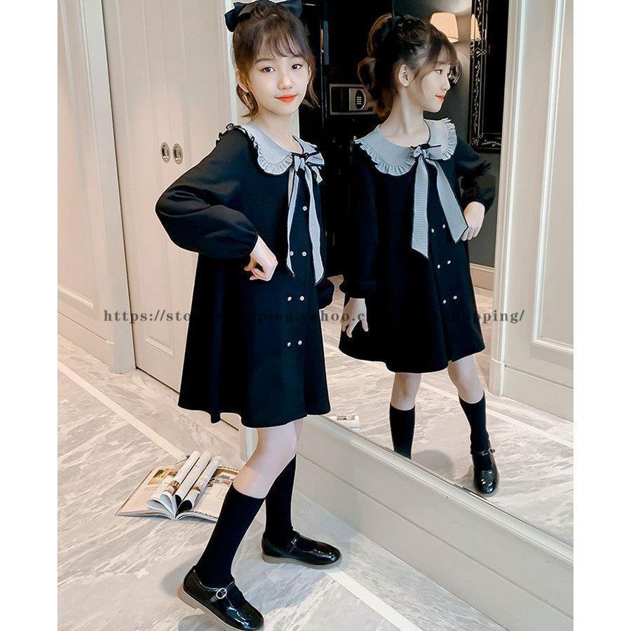 ワンピース キッズ 長袖ワンピース 子供服 女の子 秋 冬 ロングワンピース 蝶結び リボン 子供ドレス ジュニア フレア おしゃれ 可愛い カジュアル 新品 150 160