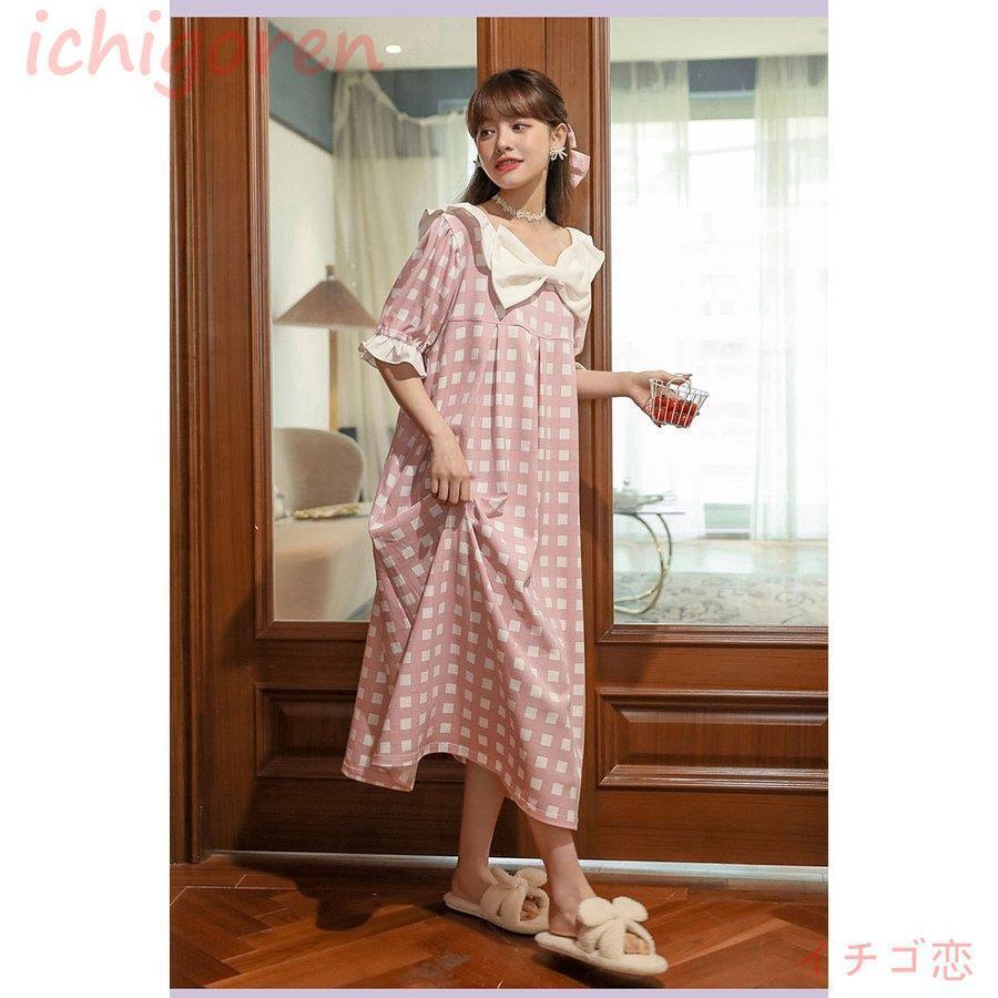 ルームウェア レディース 春夏 パジャマ ネグリジェ ボウタイ ワンピースタイプ 綿 半袖 女性 可愛い ロング 韓国風 寝巻き 部屋着 ゆったり ルームワンピース