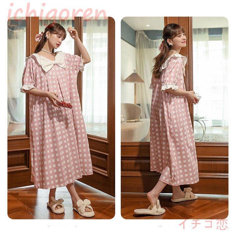 ルームウェア レディース 春夏 パジャマ ネグリジェ ボウタイ ワンピースタイプ 綿 半袖 女性 可愛い ロング 韓国風 寝巻き 部屋着 ゆったり ルームワンピース