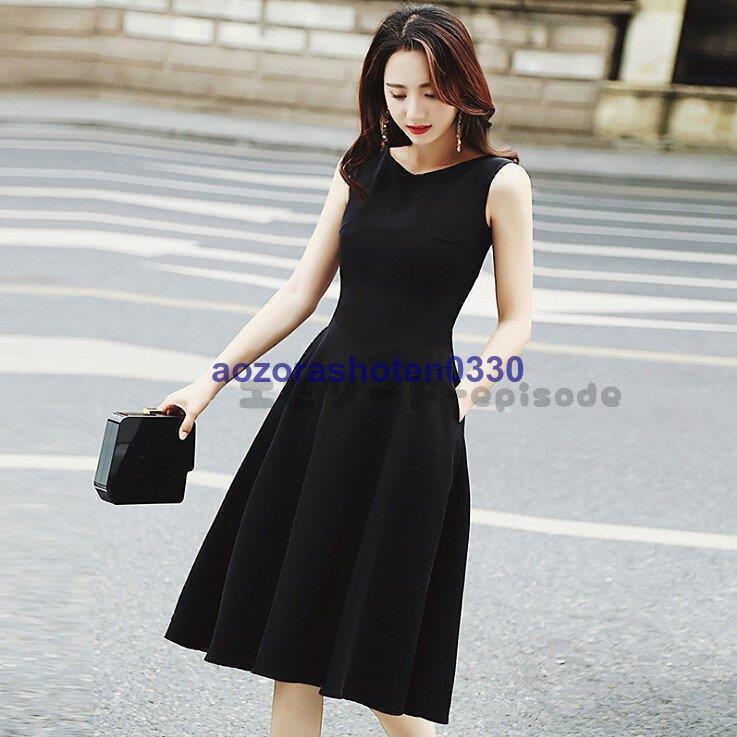 ワンピース レディース ドレス 黒 膝丈ワンピース ノースリーブ パーディードレス 夏 着痩せ Aライン 韓国風 30代40代 結婚式 フォーマル