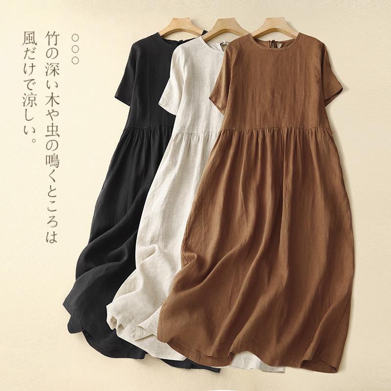 シャツワンピース ガーゼワンピース レディース 麻 夏 ロングワンピース ガーゼ 半袖 シンプル シャツ..