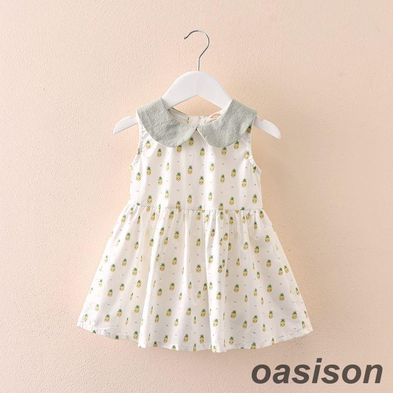 ノースリーブ ワンピース 女の子 ワンピ 子供服 キッズ 子供服 夏 ひざ丈 総柄 かわいい 森ガール 緑 ピンク パイナツプル