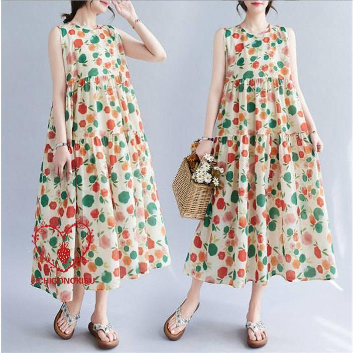 ワンピース 夏 春 ワンピ ロングワンピース レディース ノースリープ 花柄 ゆったり 体型カバー きれいめ タンクワンピース サマー 涼しい 可愛い Aライン
