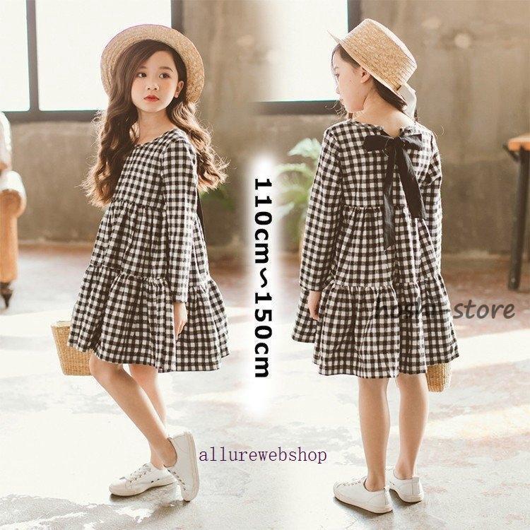 Rakuten - 【期間限定10％OFF】ワンピース キッズワンピース 子供服 キッズ ギンガムチェック 長袖 リボン 女の子 ジュニア カジュアル フレア チェック柄