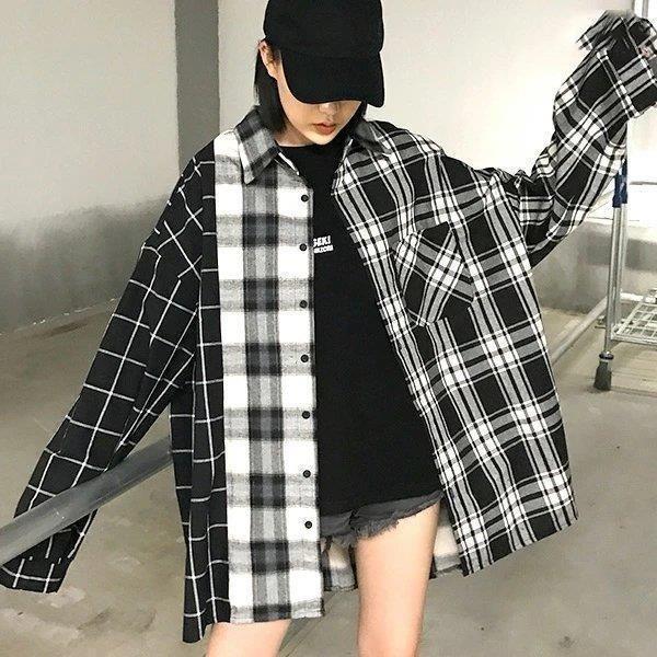 チェックシャツ 柄シャツ アシンメトリー ビッグシルエット パッチワーク モノトーン 原宿系 ファッション レディース ゆめかわいい 服 奇抜 派手 個性的