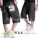 極太 印字 デニム ハーフパンツ ジーンズ パンツ メンズ ルーズフィット B系 ヒップホップ 7分丈 ストリート ワイド HIPHOP バギーパンツ
