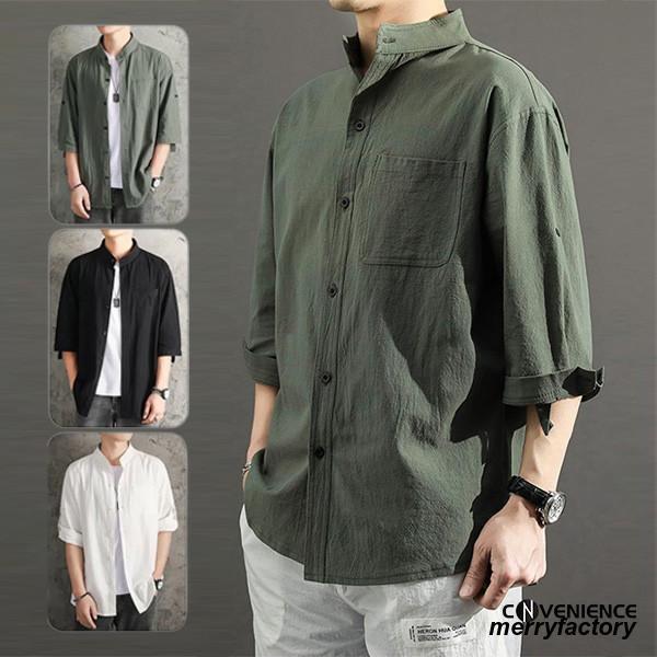 綿麻 リネン カジュアルシャツ メンズ 大きいサイズ 夏 ボタンダウン 五分袖 半袖 開襟シャツ クールビズ ゆったり 無地 30代40代 おしゃれ