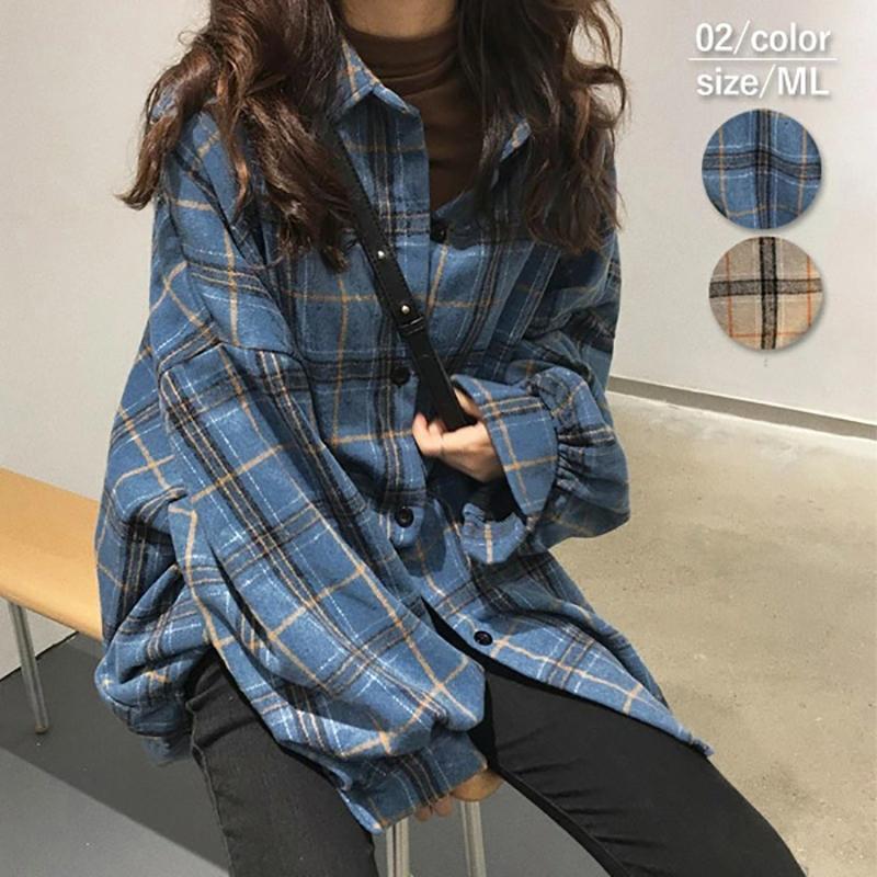 チェックシャツレディース韓国ロング...