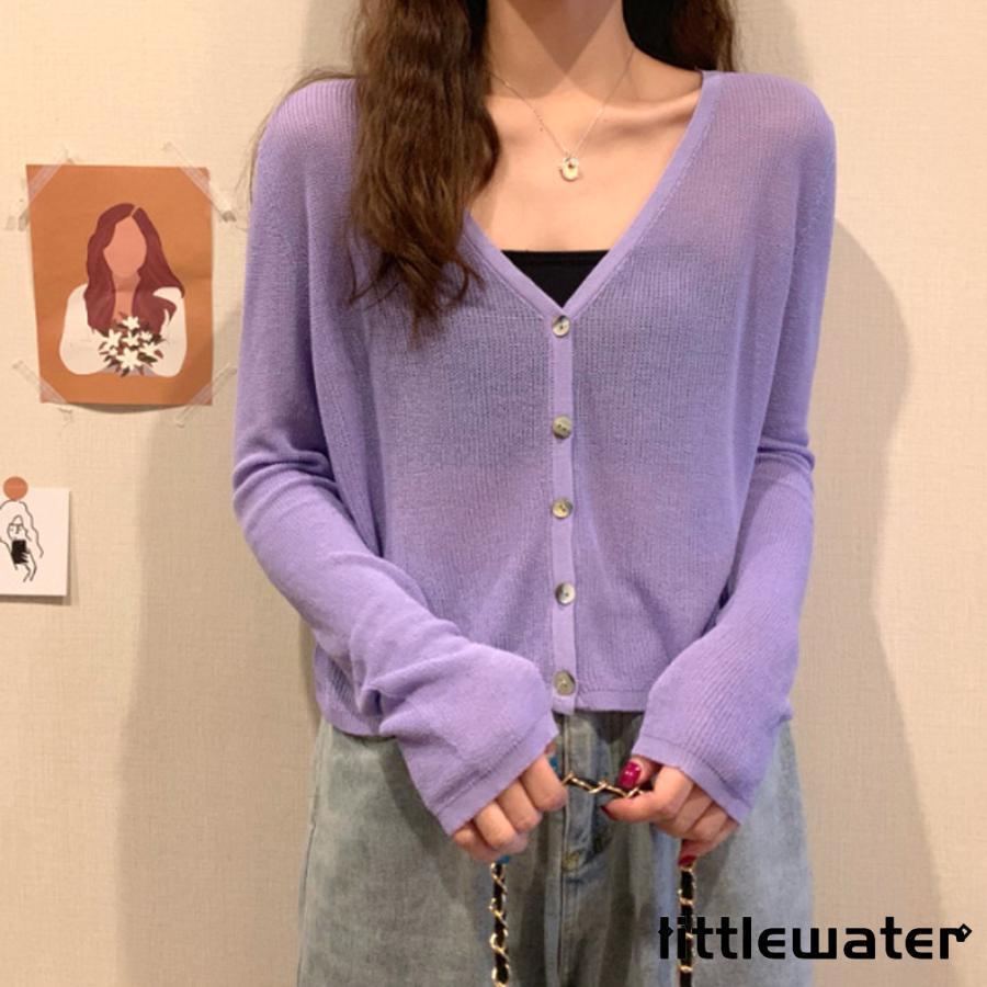 シースルーカーディガン レディース 長袖 トップス アウター 春服 夏 10代 20代 30代 韓国ファッション Vネック ショート丈トップス シアー