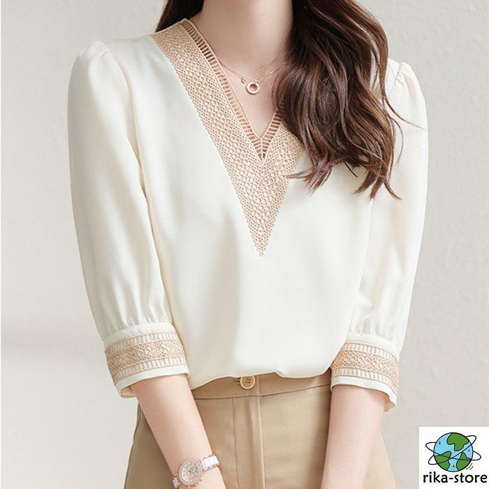 Rakuten - 【期間限定10％OFF】シャツ 半袖 レディース ブラウス 五分袖 vネック ブラウス 夏 シフォン トップス シフォンブラウス カジュアル 可愛い かわいい 大人 通勤