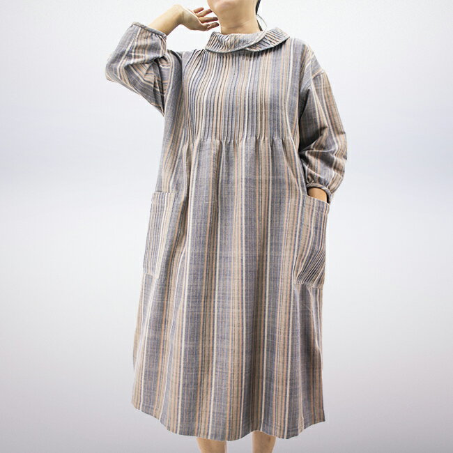 プレゼント 母 祖母 手織り木綿 重ね襟ワンピース (18079) ウエア ナチュラルウエア 婦人服 60代 70代 80代 ファッション シニアファッション ...
