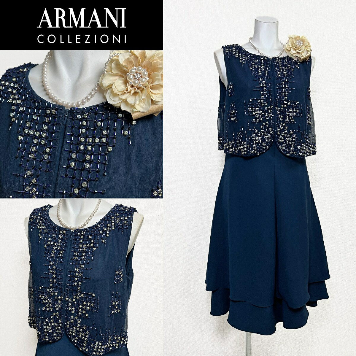Rakuten - 【中古】【 ARMANI COLLEZIONI / ネイビー 】 アルマーニ・コレツィオーニ セレモニー レディース フォーマル 礼服 ワンピース 卒業式 結婚式 フォーマルワンピース レディースフォーマル レディース オールシーズン ワンピース 13 号 セットアップ 入園式 卒園式 冠婚葬祭