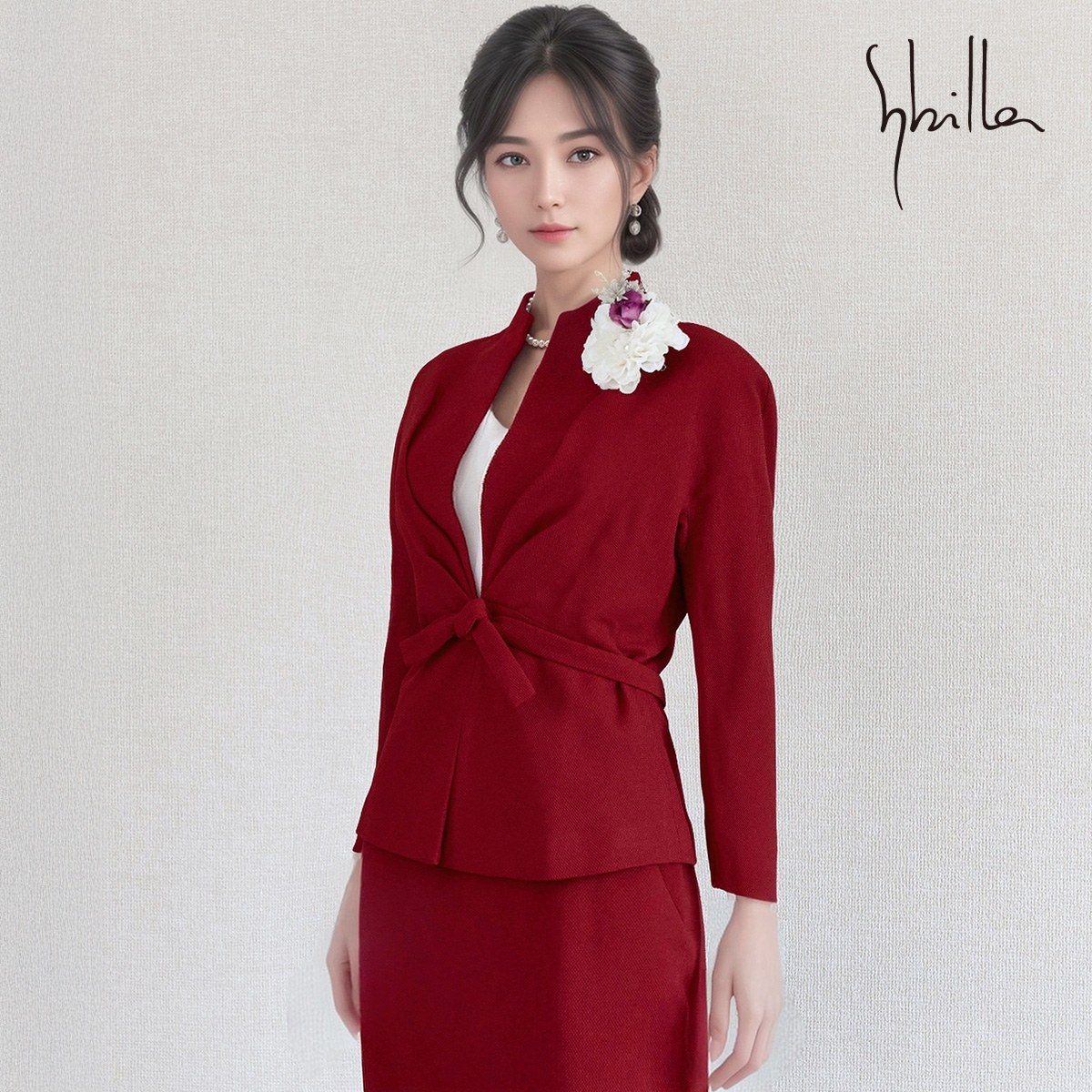 【中古】美品 Sybilla シビラ セレモニースーツ 9号 赤 ラグランスリーブ リボン タックデザイン アンサンブル ジャケット マキシスカート セットアップ レディース 入学式 卒業式 七五三 結婚式 式典 ママフォーマル