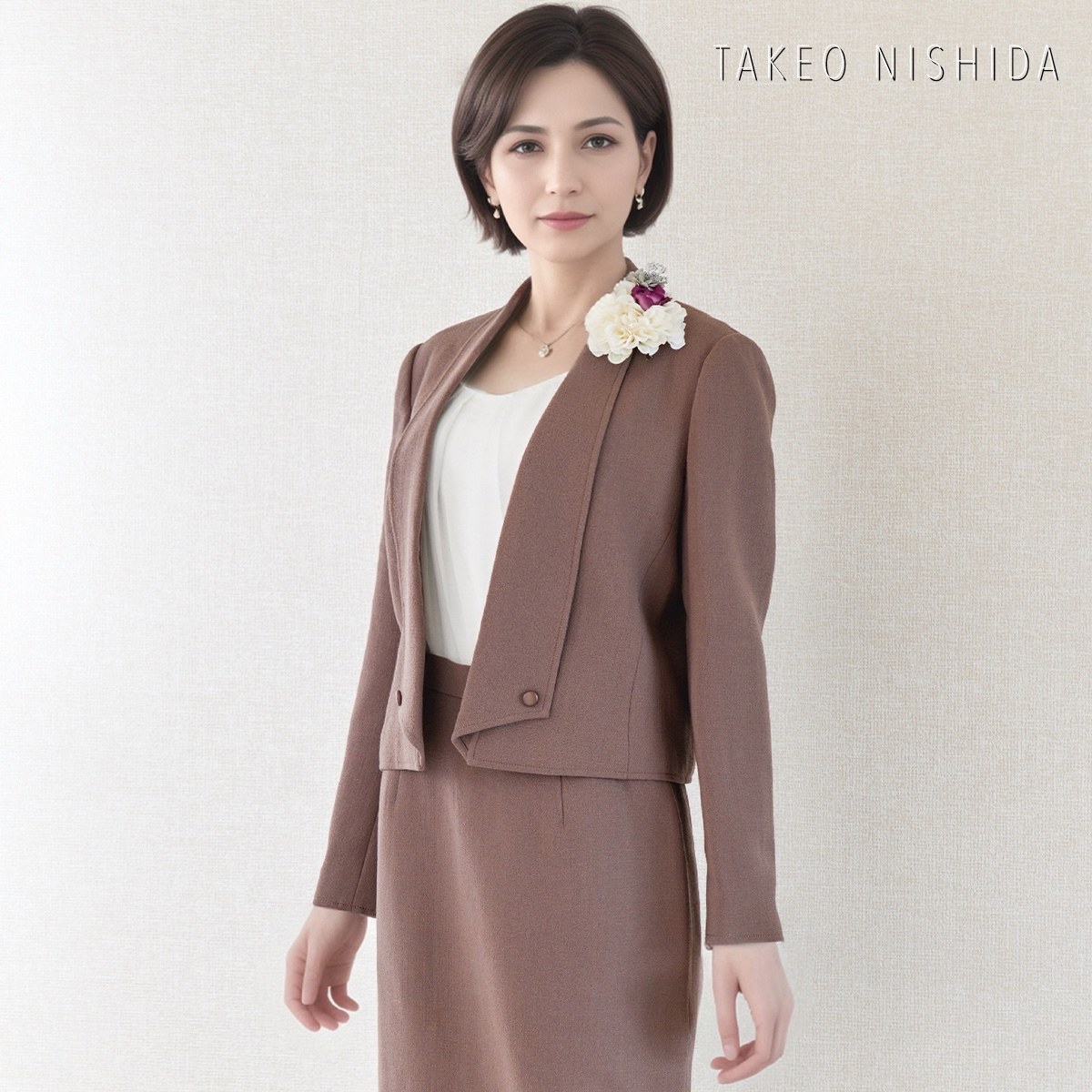 美品 TAKEO NISHIDA セレモニースーツ 9号 ローズブラウン ウール アンサンブル ジャケット タイトスカート セットアップ レディース 入園式 卒園式 入学式 卒業式 七五三 結婚式 式典 ママフォーマル タケオニシダ