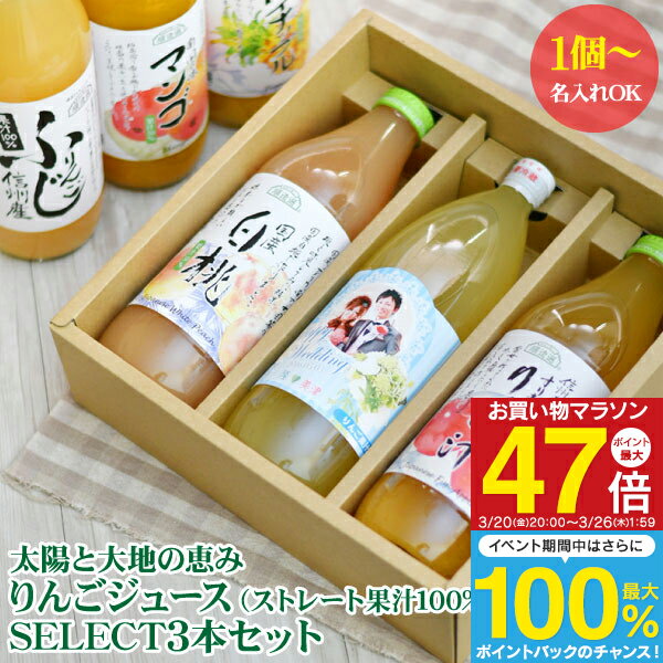 名入れ 太陽と大地の恵み りんごジュース ＆ SELECT3本セット 1点より名入れ可 送料無料 出産内祝い 結婚内祝い 初節句 入園内祝い 入学内祝い お誕生祝い内祝い お返し 100%ジュース かわいい サプライズ 写真入りラベル 名前入り ギフト