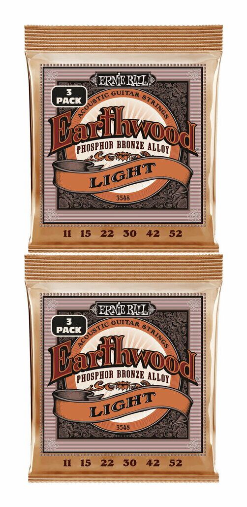 Now available in convenient three-set packs. Ernie Ball Earthwood Light Phosphor Bronze Acoustic Guitar Strings are made from 92% copper, 7.7% tin, 0.3% phosphorus wire wrapped around tin plated hex shaped steel core wire. These guitar strings have a light orange, gold color and provide a mellow, ringing sound, with excellent clarity. Gauges .011, .015, .022w, .030, .042, .052