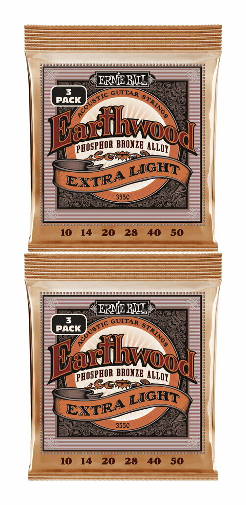 Now available in convenient three-set packs. Ernie Ball Earthwood Phosphor Bronze Acoustic Guitar Strings are made from 92% copper, 7.7% tin, 0.3% phosphorus wire wrapped around tin plated hex shaped steel core wire. These guitar strings have a light orange, gold color and provide a mellow, ringing sound, with excellent clarity. Gauges .010, .014, .020w, .028, .040, .050