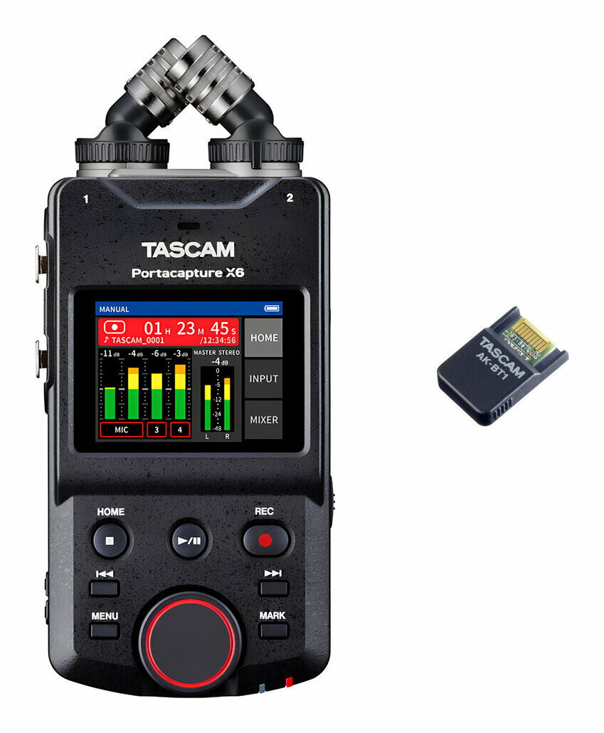 ★セット内容★本体:TASCAM Portacapture X6リモートコントロール用 Bluetooth アダプター:TASCAM AK-BT132bitフロート録音6トラックポータブルレコーダー大事な音を確実に録る。録音を次のステージへ。32bitフロート録音対応のポータブルレコーダー『Portacapture X6』は、カラータッチパネルとアプリランチャーシステムにより簡単に素早く録音を始められ、録り直しのできない収録で確実な録音をサポートします。ビデオグラファー、YouTubeクリエイター、ミュージシャン、レコーディングエンジニア、ポッドキャスターなど、コンパクトな機材で高品位な録音を必要とするクリエイターに向けた次世代ポータブルレコーダーです。録音アプリで簡単収録『Portacapture X6』は、2.4インチのカラータッチパネルとわかりやすいユーザーインターフェース「アプリランチャーシステム」により数回の操作のみで素早く的確に目的の録音を始められます。また、お気に入りの録音アプリ設定や入力設定を保存し瞬時に呼び出す※ことも可能です。※アップデートにて2023年春対応予定。映像制作での音声収録ビデオグラファーにとっての使いやすさを考慮して開発された『Portacapture X6』は、映像・動画音声用のレコーダーとして活躍します。32bitフロートの音声処理とデュアルADコンバーターは突発的な音割れを防ぐ広いダイナミックレンジを実現し録り直しの許されない撮影において録音を強力にサポートします※1。録音ボタンを押せば、あとは撮影やコンテンツ制作に集中できます。また、別売のBluetooth(R)アダプター『AK-BT1』を装着することでAtomos UltraSync Blueなどの機器とワイヤレスタイムコード同期が可能※2。これにより、複数のカメラやレコーダーを使用する収録において動画ファイルと『Portacapture X6』の音声ファイルを同期することが容易となり編集フローの効率化を実現します。※1アナログ段での音割れは復元できません。また、録音品質を100%保証するものではありません。※2アップデートにて2023年春に対応予定。ささやき声から大音量のバンドサウンドまでシンプルな操作でレコーディングを成功させるために32bitフロート録音とデュアルADコンバーター技術を搭載。ささやき声から大音量のバンドサウンドまで確実に録音できる広いダイナミックレンジを実現し、高品質な録音を実現します。手軽なステレオマイクからマルチマイク収録、PC収録まで多彩なシーンに対応回転させることでA-B/True X-Y方式の切り替えが可能なステレオコンデンサーマイクを内蔵した『Portacapture X6』は、お好みのマイキングですぐに録音を始められます。さらに、ファンタム電源対応のXLR入力を2系統装備しお気に入りのマイクでも録音可能です。マイクプリアンプには、ディスクリート回路のTASCAM HDDA(High Definition Discrete Architecture)を採用し低ノイズでクリアな音質を実現します。また最大6トラック(4トラック+2ミックス)のマルチ録音と同時に、最大6入力/2出力のUSBオーディオインターフェース※として機能しパソコンやモバイルデバイスで録音することもできます。※2023年春のアップデートにて32bitフロート伝送にも対応予定。スマートフォンからリモートコントロール別売のBluetooth(R)アダプター『AK-BT1』を使用すればiPad、iPhone、Android用の無償アプリ『Portacapture Control』から録音・停止をはじめさまざまな設定操作を行うことができます。これにより、録音に最適な場所へPortacapture X6を設置し離れた所から操作可能です。パワフルな音声処理『Portacapture X6』はただ録音するだけではありません。音声のクオリティーに磨きを掛けることも可能です。コンプレッサー、リミッター、ローカット、EQ、リバーブなど豊富なシグナルプロセッサーを内蔵。ノイズゲートで騒音を抑えることや、ボーカルにリバーブの響きを加えることも簡単です。わずらわしい設定はお任せレコーディングの状況に応じて適切な設定を行うのは大変ですが、『Portacapture X6』ならわずらわしい設定はいらずプロジェクトの制作に集中できます。音楽、声、フィールド録音、ライブ配信、ASMR、インタビュー、Vlog、ポッドキャストなどのシーンに応じて、事前に用意されているアプリとダイナミックプリセットを選択すれば簡単に録音が始められます。外形寸法\t75 x 174.3 x 37.2 mm(W x H x D、突起を含まず)質量\t365g/265g(電池を含む/電池を含まず)同梱品\tPortacapture X6 x 1,単3形アルカリ乾電池x 4,取扱説明書(保証書付き),TASCAM ID登録ガイド