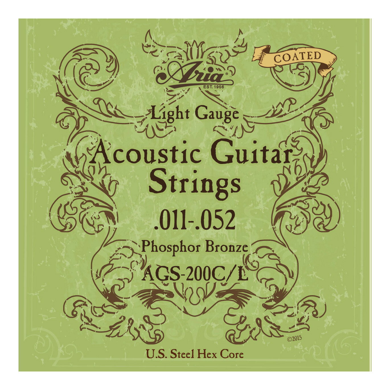 こちらの商品はメール便で発送します。詳細についてはこちらを必ずご確認ください。【ARIA コーティング弦】コーティング弦といえば、Elixir エリクサー、D'addario ダダリオ、ERNIE BALL アーニーボール、Martinマーチンなど、数多くのメーカーがありますが、ARIAよりお求め易いコーティング弦が発売になりました。極薄テフロンで弦をコーティングする事により、より錆びにくく、弦の寿命を長持ちさせます。巻弦の芯線には六角芯(ヘックスコア)を採用し、安価でありながら高いコストパフォーマンスを実現しています。AGS-200C/Lフォスファー・ブロンズ■ゲージ：11-15-22-32-42-52