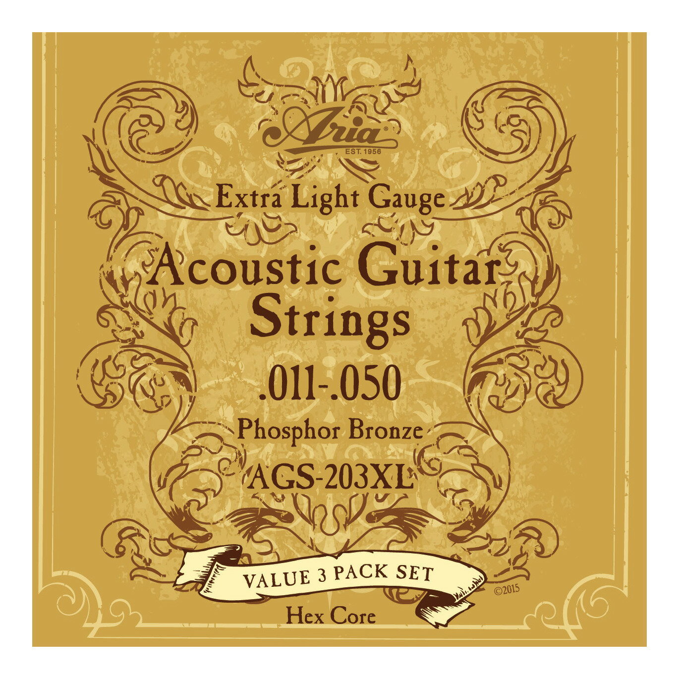 こちらの商品はメール便で発送します。詳細についてはこちらを必ずご確認ください。ハイクオリティな弦をバリュー・プライスで実現したアリアプロIIブランド弦の新ラインアップが登場。全種・6角芯を採用。エレキ、アコ弦では予備としても最適な3セット・パッケージをラインアップしています。（エクストラ・ライトゲージ）フォスファー・ブロンズ[011,015,023,030,039,050]