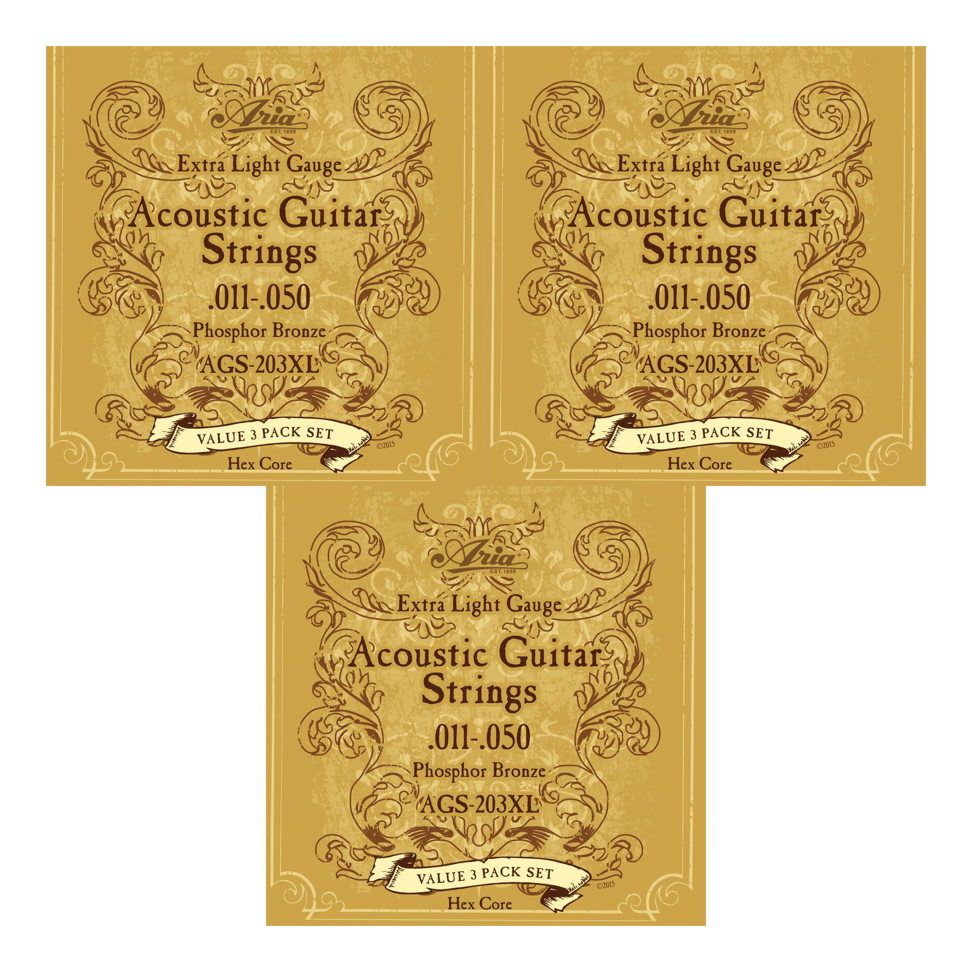 こちらの商品はメール便で発送します。詳細についてはこちらを必ずご確認ください。ハイクオリティな弦をバリュー・プライスで実現したアリアプロIIブランド弦の新ラインアップが登場。全種・6角芯を採用。エレキ、アコ弦では予備としても最適な3セット・パッケージをラインアップしています。（エクストラ・ライトゲージ）フォスファー・ブロンズ[011,015,023,030,039,050]