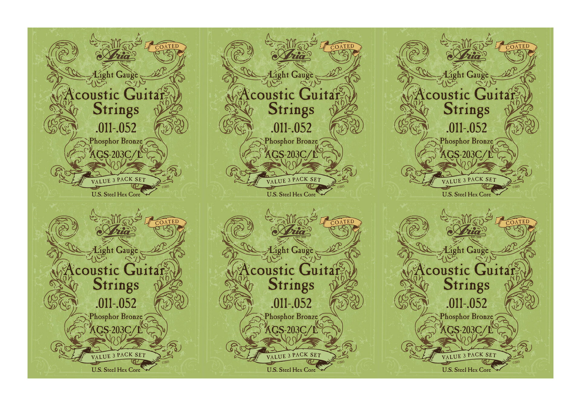 【ARIA コーティング弦】コーティング弦といえば、Elixir エリクサー、D'addario ダダリオ、ERNIE BALL アーニーボール、Martin マーチンなど、数多くのメーカーがありますが、ARIAよりお求め易いコーティング弦が発売になりました。極薄テフロンで弦をコーティングする事により、より錆びにくく、弦の寿命を長持ちさせます。巻弦の芯線には六角芯(ヘックスコア)を採用し、安価でありながら高いコストパフォーマンスを実現しています。AGS-203C/L 3セットパックフォスファー・ブロンズ■ゲージ：11-15-22-32-42-52