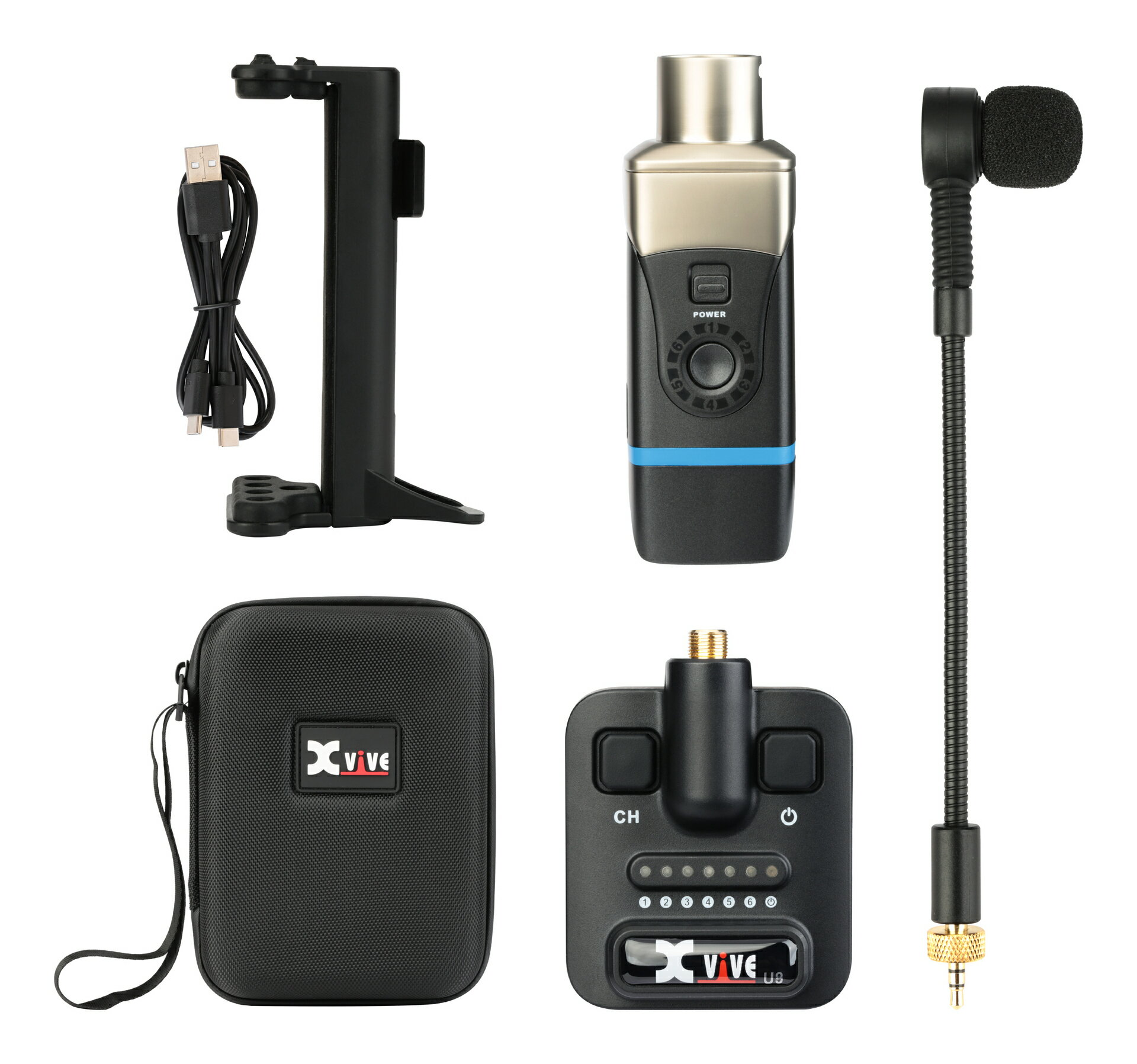 ※画像は撮影用商品のため、お届けの際の商品とは異なります。U8 Acoustic Guitar Wireless SystemU8アコースティックギターワイヤレスシステム超高音質マイク音質は最も重要であり、優れたマイクがなければU8の価値はありません。U8は超高音質スーパーカーディオイド・グースネック・マイクを採用。アコースティックギター、クラシックギター用に最適なボイシングが施されており、最大SPLは142 dB、感度は-45 dBで、どんな環境でも楽器本来のサウンドを聴くことができます。ギターをかき鳴らして動き回れ!Xviveはワイヤレスでブランドを確立し、信頼性の高いパフォーマンスとトップレベルの再現性の大切さを理解しています。U8は2.4GHz帯を使用、最大6チャンネルを備えているため、シグナル干渉時にも選択肢があり、ワイヤレスレンジは最大90フィート(約27m)です!楽器に簡単にクリップU8には、トランスミッターとグースネック・マイクをアコースティックギターとクラシックギターのボディに取り付けるための頑丈なクリップが付属しています。クリップはボディ厚74mm~105mm(2.9”-4.13”)に対応します。マイクポジショングースネック・マイクは可動式、楽器の音色を最もよく狙えるマイクポジションに調整可能です。ウィンドノイズをコントロールワイヤレス使用時には動き回ることが多くなるため、ウィンドノイズ対策に付属のスポンジウィンドスクリーンやファーウインドシールドが役立つでしょう!付属品U8パッケージにはキャリーケース、マイク、トランスミッター、レシーバー、充電用USB-Cケーブル、クリップ、ウィンドスクリーン、ウィンドシールド、マニュアルが付属します。充電と駆動時間付属のデュアルUSB-C充電ケーブルを使用してトランスミッターとレシーバーの同時充電が可能です。5V/2A仕様のUSB充電アダプターやその他のUSB充電デバイスへ接続してください。充電時間150分で約5時間、充電時間60分で約2時間、充電時間30分で約1時間駆動します。・2.4 GHz ISMバンド、142 dB SPLスーパーカーディオイドマイク・高解像度オーディオ:24-bit/48 kHz、レイテンシー:5ms以下・周波数特性:20 Hz-20 kHz・ダイナミックレンジ:108 dB、SN比:108 dB・バッテリー駆動時間:最大5時間・最大6チャンネル・ワイヤレスレンジ:最大90フィート(約27m)・付属品:トランスミッター、レシーバー、マイクロフォン、クリップ、USB-Cケーブル、スポンジウィンドスクリーン、ファーウィンドシールド、キャリーケースマイク仕様マイクタイプ:スーパーカーディオイドサイズ:20 mm x 28 mm x 190 mm重量:35 gマイク出力:1/8”balanced male TRS(Tip=+3.3V,Ring=-3.3V,Sleeve=ground)感度:-45dB最大音圧レベル:142Dbワイヤレスシステム仕様使用帯域幅:2400-2483.5 MHz伝送距離:約27m。実際のレンジはRFシグナルの反射、干渉、吸収などの環境によって変化します。周波数特性:20 Hz-20 kHz(-3dB)ダイナミックレンジ:108 dBSN比:108 dBRF受信感度:-88 dBm全高調波歪:0.2%RF出力パワー:10 mW E.I.R.P.max動作温度:0°C to 45°Cチャンネル数:最大6充電電圧・電流:5V/2Aサンプルレート:24-bit/48 kHzレイテンシー:5ms以下トランスミッター仕様サイズ:40 mm x 29 mm x 50 mm重量:35 gオーディオ入力コネクター:1/8”balanced TRSメス最大入力レベル:3.7 Vp-pファンタム電源:±3.3VUSBタイプ:USB Type-Cアンテナインピーダンス:50Ωアンテナタイプ:1/4 wave sleeve dipole,non-removableアンテナ数:1レシーバー仕様サイズ:31 mm x 29 mm x 98 mm重量:92 g出力インピーダンス:470Ω(1 kHz)オーディオ出力コネクター:バランスXLRオス最大出力レベル:3.6 Vp-pUSBタイプ:USB Type-Cアンテナインピーダンス:50Ωアンテナタイプ:1/4 wave sleeve dipole,non-removableアンテナ数:2