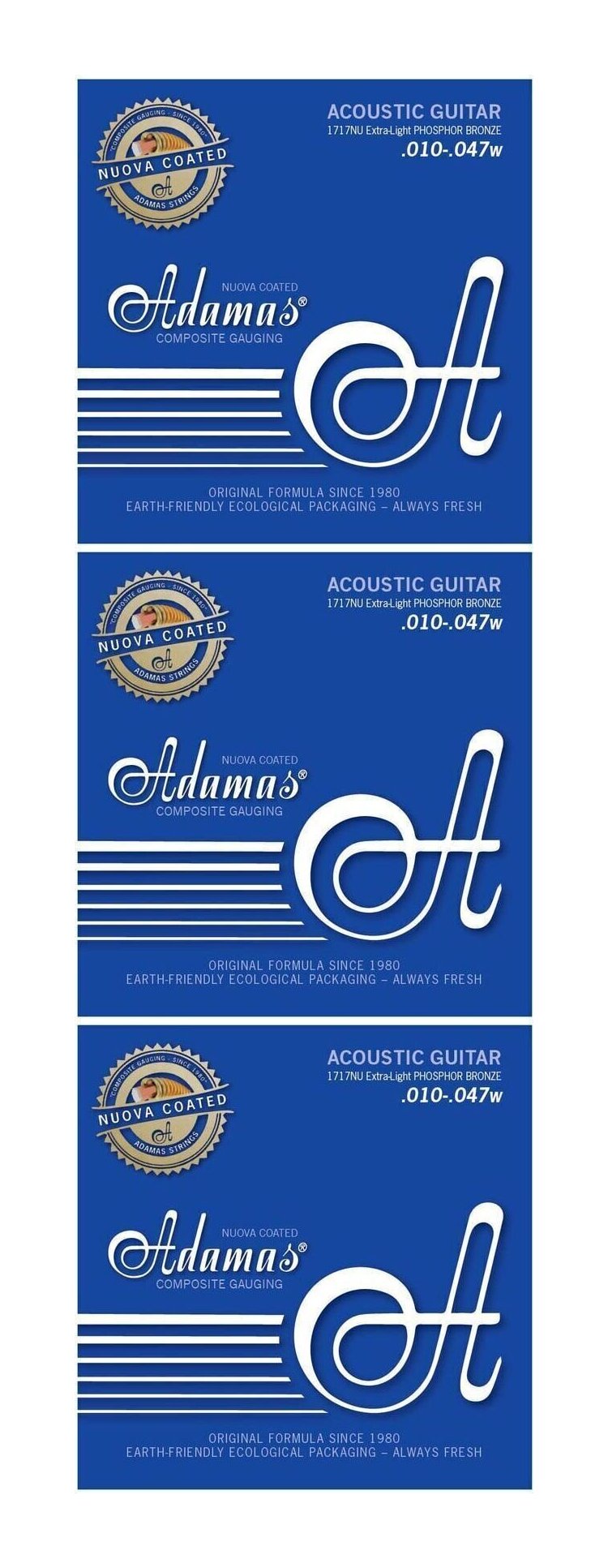 こちらの商品はメール便で発送します。詳細についてはこちらを必ずご確認ください。オベーション独自のゲージバランス”コンポジットゲージ”を採用するアダマス・フォスファーブロンズ弦に、ナノコーティング技術を施した「ADAMAS NUOVA / アダマス・ヌオヴァ」が誕生しました。他の弦メーカーでも採用されているナノコーティング技術ですが、「ADAMAS NUOVA」では巻線と芯線の両方をコーティングし、より長寿命を実現しています。ナノコーティングは、文字通り1ミクロン（0.001mm）以下の極薄コーティングで、より非コーティング弦に近い触感を残しています。【コンポジットゲージについて】1980年のアダマス弦の発売開始以来、その最大の特徴であるコンポジットゲージは、5弦（A）、3弦（G）、2弦（B）は他のメーカーのセットと異なるゲージに設定され、全弦にわたり指に伝わるテンション感がより均一になっています。特にプレーン弦である2弦（B）から巻弦の3弦（G）に移行する際の違和感を解消。このことは、アコースティックな演奏はもちろん、アンプを通した演奏でも素晴らしい効果を発揮します。1717NU EX-LIGHT／.010, .014, .023w, .030w, .038w, .047w