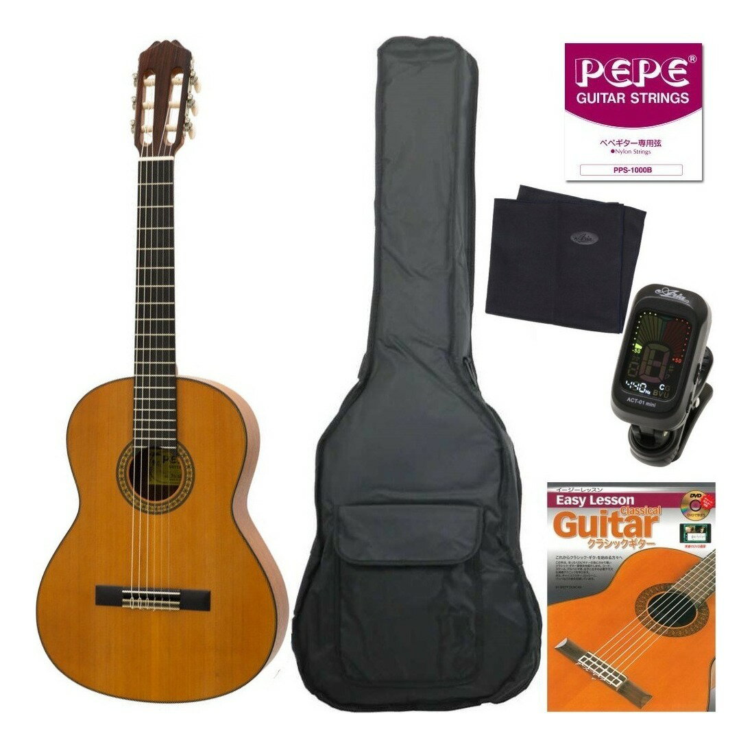 こちらの商品はお取り寄せとなります。3日～1週間ほどでお届け可能です。メーカー品切の際はお時間を頂きます。※画像は撮影用商品のため、お届けの際の商品とは異なります。★セット内容★本体:PEPE PS-58OPソフトケース:ARIA SB-CG 3/4クリップチューナー:ARIA ACT-01 miniクロス:ARIA CC-500専用スペア弦セット:PEPE PPS-1000B※※スペア弦は在庫状況により代替品になる場合がございます。DVD付教則本Classical Guitars PEPE(Mini)弦長580mm、全長900mm、ナット幅48mm。身長130cm~のお子様などに適したサイズ感のミニクラシックギター。通常のギターではちょっと大きいという方へ。気軽に扱えるコンパクトギターとしても最適。(一般的なギター:弦長650mm、全長約1,000mm)Top:Solid Red CedarBack＆Sides:SapelliNeck:MahoganyFingerboard:RosewoodScale:580 mmFInish:Open PoreMade in SPAINご注意木部分には木目、色味等の個体差があり、掲載の商品画像と異なる事がございます。また、ディスプレイの違いにより、実際の色と異なって見える場合がございます。掲載されている内容は品質向上のため予告なく変更する場合がございます。