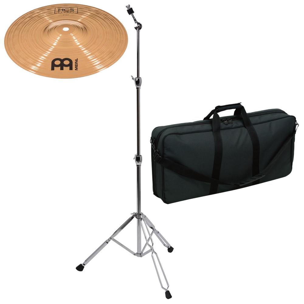 セット内容10インチ スプラッシュシンバル：MEINL HCSB10Sシンバルスタンド：KC CS-01キャリングバッグ：KIKUTANI TCB-20010インチスプラッシュシンバル、シンバルスタンド、キャリングバッグをセットにしました。【10インチスプラッシュシンバル MEINL HCSB10S】世界のトップシンバルメーカーの一つ、マイネルのHCS BRONZE シリーズスプラッシュシンバル。素手での使用でも明るくキレのよいサウンドを生み出します。【シンバルスタンド KC CS-01】ストレートタイプのコストパフォーマンスの高いシンバルスタンド。ダブルレッグ仕様で安定性はパッチリ。高さ：750mm-1450mm【キャリングバッグ KIKUTANI TCB-200】10インチスプラッシュ、シンバルスタンドその他アクセサリーを収納可能なキャリングバッグ。ケース内部は二つのポケットに分かれており、スプラッシュとスタンドを別々のスペースに収納できるため、安全に持ち運ぶ事が出来ます。ショルダーストラップが2本付属しており、バックパックのように背負っての運搬も可能です。内寸サイズ：310mm×650mm×70mm