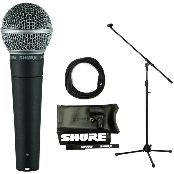 セット内容（1）本体：SHURE SM58-LCE（2）3/8→5/8変換ねじ（3）マイクホルダー（4）マイクポーチ（5）ケーブルホルダー（6）SHUREステッカー（7）ブームマイクスタンド（ソフトケース、マイクホルダー付）：KC MBCS（8）マイクケーブル 5m：CANARE EC05-B※XLRオス⇔XLRメス※ノイトリック製コネクター信頼と実績を誇る、ダイナミック・ボーカルマイクロホンの世界標準。 ● ボーカルの温かさと繊細さを引き出し、磨き抜かれた音質と高い信頼性を誇る、ダイナミック・マイクロホン。 ● バックグラウンドノイズを低減し、ボーカルを際立たせるカーディオイドの指向特性。ハンドリングノイズやポップノイズへの対策も万全。 [SM58-LCE 主な仕様] ・ 指向特性：カーディオイド ・ 周波数特性：50Hz〜15kHz ・ インピーダンス：150Ω ・ 開回路感度：-54.5dB re 1V/Pa ・ コネクタ：XLR3ピン、オス ・ 寸法・質量：φ51×全長165mm、310g ・ 付属品：マイクホルダ（A25D）、マイクポーチ、3/8→5/8変換ねじ ・ 別売ウインドスクリーン（A58WS） 様々なお買い得セットご用意しました!!【送料込】【CANAREマイクケーブル付7点セット】SHURE/シュア SM58-LCE ボーカルマイク【正規品2年保証】【smtb-TK】 【送料込】【ブームマイクスタンド付7点セット】SHURE/シュア SM58-LCE ボーカルマイク【正規品2年保証】【smtb-TK】 【送料込】【ブームマイクスタンド+CANAREケーブル付8点セット】SHURE/シュア SM58-LCE ボーカルマイク【正規品2年保証】【smtb-TK】 【送料込】【ポップブロッカー付7点セット】SHURE/シュア SM58-LCE ボーカルマイク【正規品2年保証】【smtb-TK】 【送料込】【マイクスタンド+ポップブロッカー+マイクケーブル付9点セット】SHURE/シュア SM58-LCE ボーカルマイク【正規品2年保証】【smtb-TK】 【送料込】【マイクケーブル5M[XLR-フォン]付7点セット】SHURE/シュア SM58-LCE ボーカルマイク【正規品2年保証】【smtb-TK】 【送料込】【マイクケーブル5M[XLR-XLR]付7点セット】SHURE/シュア SM58-LCE ボーカルマイク【正規品2年保証】【smtb-TK】