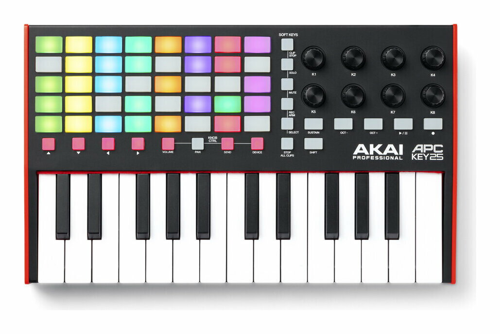 APC Key 25 MK2APC Key 25 MK2は、クリップ・ローンチを始めとしたAbleton Liveコントロールに対応する、多機能かつコンパクトなMIDIキーボードです。USBバスパワーに対応し、場所を問わずどこでも演奏や制作を可能にするAPC Key 25 MK2で、ひらめいたメロディー、コード、ハーモニーをレイヤーして、アイデアを素早く形にすることが可能です。優れたパフォーマンス40の鮮やかなRGBバックライト付きパッド:APC Key 25 MK2は、新たな40のRGBバックライト付きパッドを搭載し、Ableton Liveのセッションビュークリップを自動的にマッピングします。視認性が高く、スタジオやステージでも鮮やかに光るパッド・マトリックスで、ループ、インストゥルメント、ボーカルなどのクリエイティブなアイデアが生まれる瞬間を逃さずにクリップ録音や再生を行うことができます。クリップ・ローンチによる没入感のある音楽制作体験:APC Key 25 MK2は、ループ、サンプル、メロディーを個別に、またはシーン全体をトリガーすることができ、クリエイティビティとインスピレーションに満ちた音楽制作を実現します。5x8グリッドの40のRGBバックライト付きパッドは、Ableton Liveセッションビュークリップを常に反映し、大規模なセッションであっても全体を容易に把握することが可能です。クリエイティビティを引き出す鍵盤メロディック・パフォーマンス:APC Key 25 MK2は、メロディーのアイデアを引き出します。付属プラグインのAIR Technology/Hybrid 3でベースラインを作成し、Mini Grand Virtual Instrumentでダイナミックなピアノサウンドをレイヤー、さらにAbletonのシーンとクリップ・ローンチ機能を組み合わせることで、あなたのトラックをより個性的に仕上げることが可能。Abletonのさまざまな機能にアクセスして、自由に表現してみましょう。第2世代キーベッド-洗練された弾き心地:APC Key 25 MK2は、演奏性を高める第二世代キーベッドを採用した25鍵盤を搭載し、コード、アルペジオ、ソロ、サウンドスケープの全てを表現します。さらにオクターブ・アップ/ダウン・ボタンを使用することで音域を広げることができ、専用サスティン・ボタンでは演奏に空間と広がりを与えることができます。シンプル操作でパワフルな音楽制作を実現Abletonによる音楽制作体験:本格的なハンズオンコントロールで、パワフルでクリエイティブなAbleton Liveによる音楽制作を体験してください。APC Key 25MK2は、ボリューム、パン、インサート・エフェクト・センドを調整可能な8つのアサイナブル・ロータリーノブを搭載し、セッションをスムーズかつ直感的にコントロールすることが可能。さらにリバーブの調整やフィルターのスウィープ、オートメーションを作成することで、より生き生きとしたサウンドを奏でる事ができます。直感的なコントロール:デバイス・モードでは、APC Key 25 MK2のノブが、Ableton Liveで選択されたデバイスの8つのマクロ・コントロールに自動的にマッピングされます。また、1つのノブで複数のパラメーターをコントロールすることで、より斬新なサウンドを生み出すこともできます。さらにソロ、ミュート、ストップ、RECアームの各機能に簡単にアクセスできる専用ボタンにより、スムーズかつクリエイティブなワークフローを実現します。Ableton Live LiteとAir TechnologyソフトウェアのバンドルAbleton Live Lite:APC Key 25 MK2には、DAWソフトAbleton Live Liteが付属されています。インストゥルメント、ミキシング・エフェクト、サンプル、オーディオとMIDIの録音・ミキシング機能を豊富に搭載し、さらにクリップ・ローンチを組合わせ創造性豊かな楽曲制作を実現します。Ableton Live Liteはクリエイティブなアイデアを曲や演奏として形にするためのすべてのツールを備えています。Airによるワンランク上のサウンド:AIR Music Technologyのバーチャルインストゥルメントパックが付属。サウンドをグレードアップし楽曲制作を行うことができます。強力なポリフォニック・アナログ・シンセのHybrid 3、アコースティック・ピアノのMini Grand、ビンテージ・エレクトリック・ピアノのVelvetなど、世界トップレベルのプラグイン・インストゥルメントが含まれています。