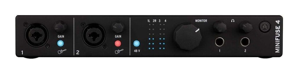 こちらの商品はお取り寄せとなります。3日〜1週間ほどでお届け可能です。メーカー品切の際はお時間を頂きます。多彩な接続で高音質のオーディオ＆MIDIレコーディングが行えるプロデューサー向けのオーディオ・インターフェース＜主な特長＞・高品位なローノイズ・プリアンプとダイナミックマイクにも十分なパワー(入力換算ノイズ?129dB、ダイナミックレンジ110dB)・レイテンシーのないモニタリングが可能なダイレクト・モニタリング機能・ループバック機能搭載・L/Rのボリュームを視覚的に表示するインジケーター・頑丈な金属製のボディ・USBバスパワー電源とUSBハブを備え、どこでも制作・録音が可能・DAW、エフェクト、サンプルなど、充実のソフトウェア・バンドル・MIDI端子を装備・個別にボリューム・コントロール可能なヘッドホン出力端子を2個搭載＜厳選されたソフトウェアを多数バンドル＞●Ableton Live Lite:Ableton製DAW。豊富なオーディオ編集機能で作曲、録音、演奏、制作をサポート。●Arturia Analog Lab Intro:80年代のビンテージシンセからファットなモダンサウンドまで、500ものプリセットを内蔵しています。●Arturia FX:レコーディングスタジオの定番エフェクトを再現した4つのプレミアムFXプラグイン。・Pre 1973…歪み感がリアルなアナログプリアンプ。1970年代に多くのスタジオで採用された1073プリアンプを再現。・Rev PLATE-140…濃密なプレートリバーブ。明るく甘い倍音が特徴的な世界初のプレートリバーブ、EMT(R)?140を再現。・Delay TAPE-201…定番のテープエコー。Space Echoとして知られるRE-201をTAE(R)?モデリング技術で再現。・Chorus JUN-6…リッチなステレオコーラス。Juno-6の温かみのある音の広がりを、シンプルな操作で再現。●Native Instruments GUITAR RIG 6 LE:アンプ、キャビネット、ディレイ、リバーブ、エフェクター、コンプレッサーの刺激的なセレクションで、自分だけのシグナルチェーンを作り込んで、完璧なギタートーンをカスタマイズできます。●Auto-Tune Unlimited(3か月間の無料サブスクリプション):業界で人気の高いボイスチューニング・プラグイン。ボーカルパートのハーモニー調整やトラップスタイルのオートチューンサウンドを。●Splice Creator Plan(3か月間の無料サブスクリプション):ローファイなドラムループからパンチのあるワンショットボーカルまで、高品位なロイヤリティフリーの膨大なサンプルに加え、シンセサウンドやSpliceスキルのチュートリアルなどにもアクセス可能。＜仕様＞・最大サンプルレート…192kHz・最大ビットレート…24bit・入力ダイナミックレンジ…110dB・入力数(フロント)…2(いずれもコンポジット端子、Hi-Z対応、ファンタム電源(+48V)対応)・入力数(リア)…2×1/4”jack・出力数(1/4”TRS)…4・ダイレクトモニター…◯・ヘッドフォン出力…2(独立レベル)・MIDI IN/OUT…◯・USBハブ…2・インターフェース…USB2.0 Type-C・USB2.0バスパワー…◯・電源アダプター…◯・ループバック機能…◯・本体寸法/重量…250 x 85 x 43 mm/570g