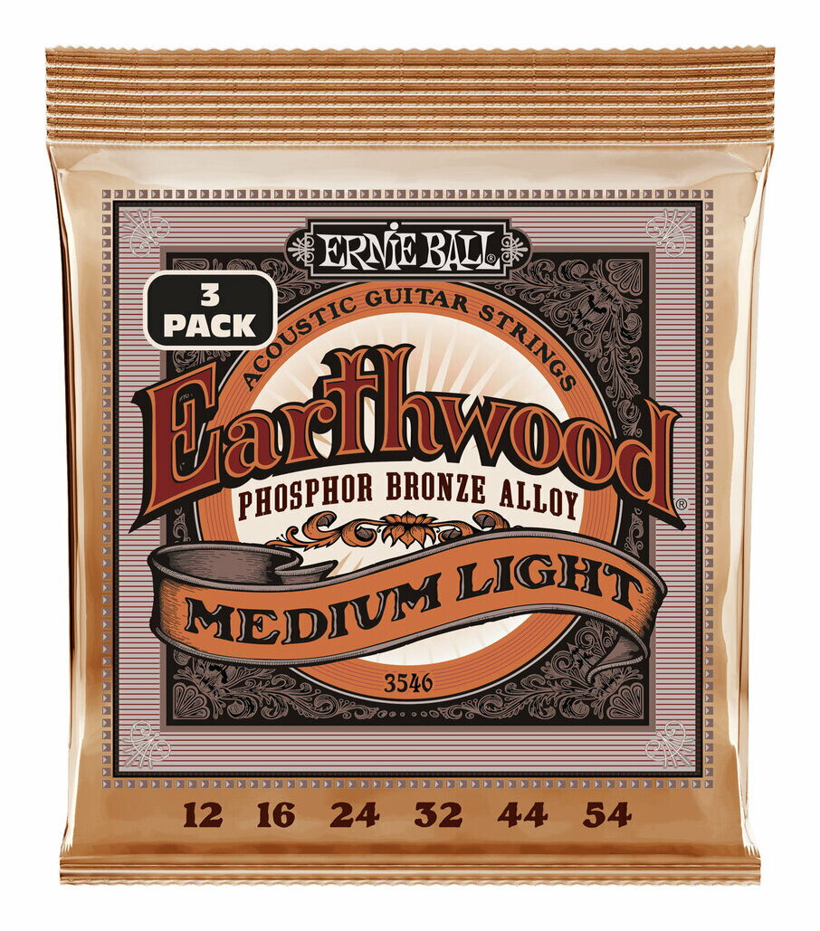 Now available in convenient three-set packs. Ernie Ball Earthwood Medium Light Phosphor Bronze Acoustic Guitar Strings are made from 92% copper, 7.7% tin, 0.3% phosphorus wire wrapped around tin plated hex shaped steel core wire. These guitar strings have a light orange, gold color and provide a mellow, ringing sound, with excellent clarity. Gauges .012, .016, .024w, .032, .044, .054