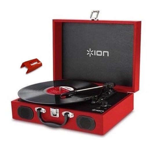 【送料込】ION AUDIO VINYL TRANSPORT Red + PT01RS1 ポータブル トランク型 レコードプレーヤー/純正交換針(1個)セット