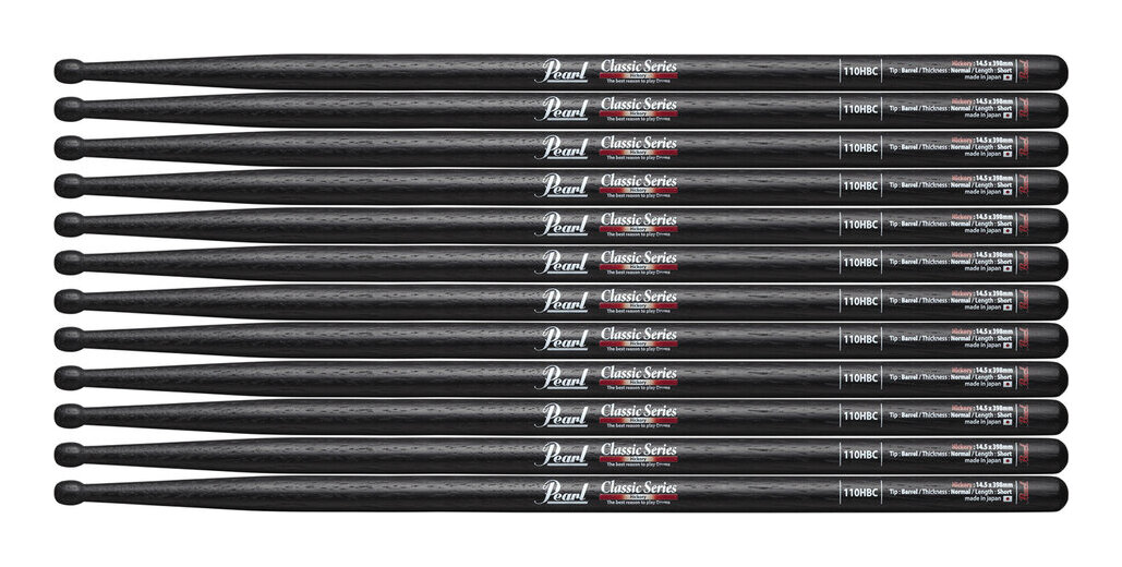 【送料込】【6ペア】Pearl パール 110HBC ヒッコリー ドラムスティック ブラックラッカーフィニッシュ [14.5x398]